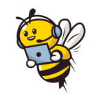 Eine Cartoon-Biene mit Kopfhörern, die einen Laptop auf einer Website benutzt.