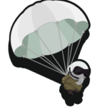 Ein Cartoon-Fallschirm, der durch einen dunklen Hintergrund fliegt.