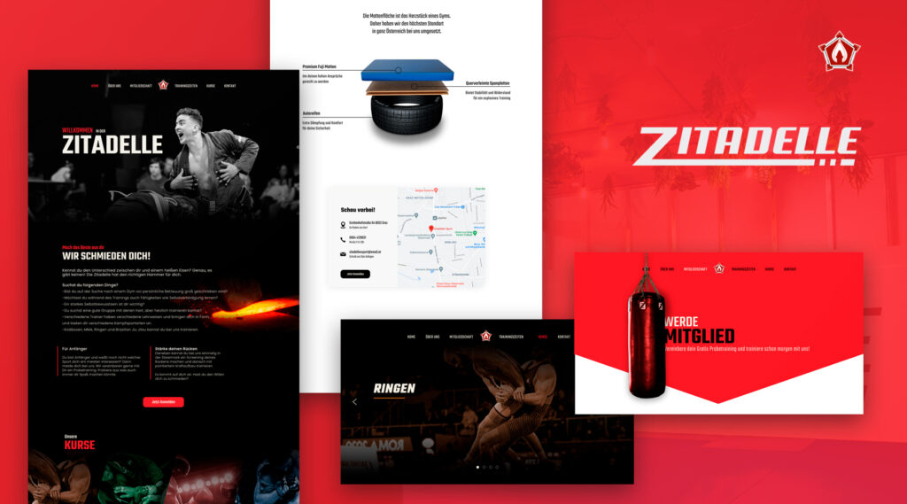 Ein rot-schwarzes Website-Design für ein Fitnessstudio.
